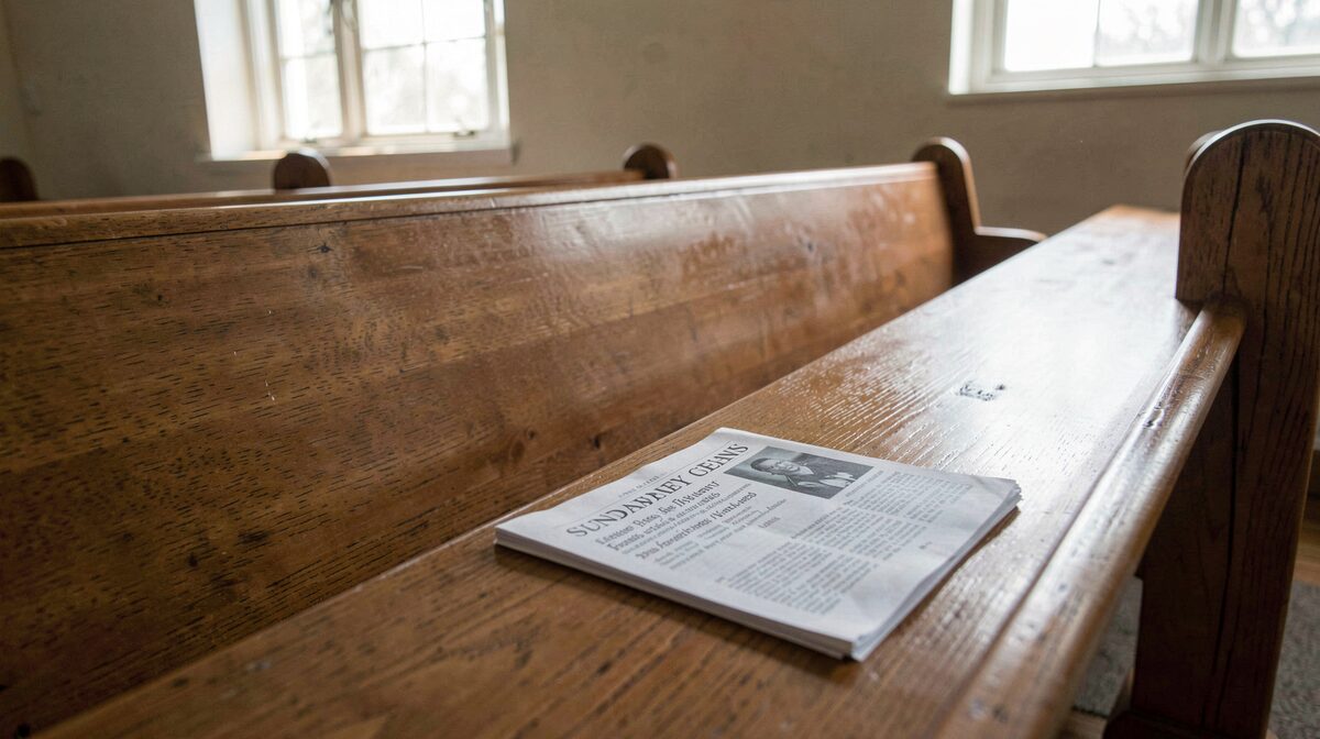 A plain wooden church pew with a printed Sunday bulletin resting on it, morning light through a side window, close framing at bench level.