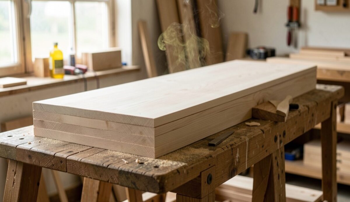 A stack of pale hinoki boards on a sawyer trestle, straight fine grain, a faint lemon scent almost visible, workshop daylight from the side.