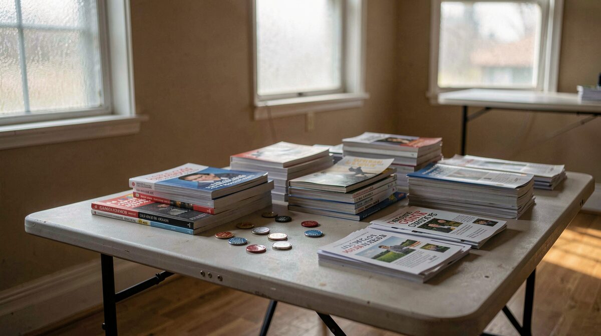 A folding table at the back of a community hall holds stacks of paperback books, pamphlets, and small enamel sobriety tokens; late afternoon light comes through frosted windows, shot at table height.