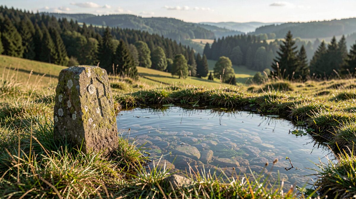 A stone trail marker beside a clear spring pool in the Eifel uplands, morning light on wet grass, low wide framing with wooded valley behind.