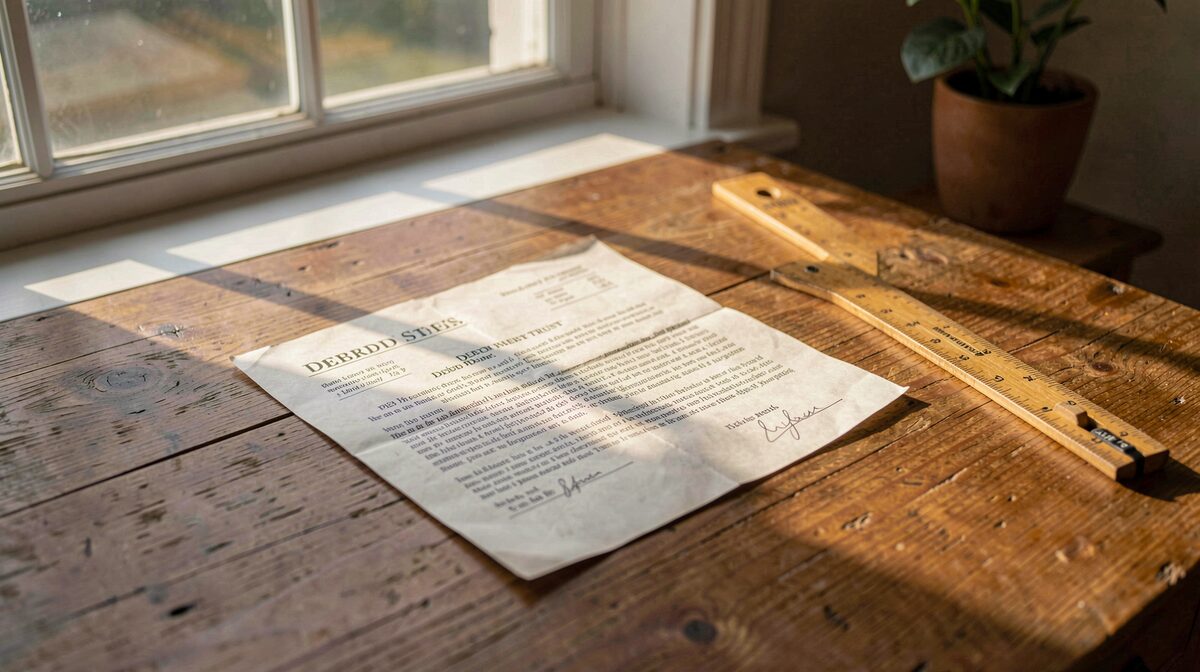 A wooden desk by a window with a promissory note and a deed of trust laid flat beside a folding wood rule, late afternoon light raking across the paper grain.