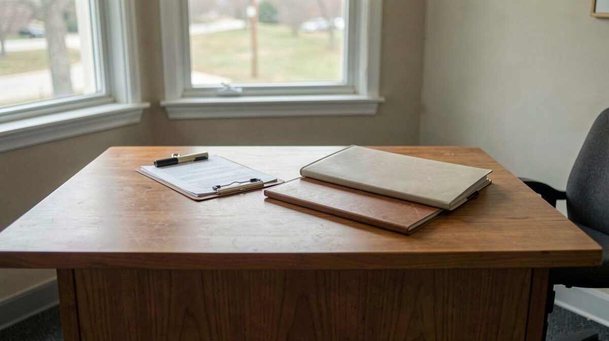 A plain wooden front desk in a small Ohio office, morning light through a window, a clipboard and a closed folder resting on the surface, framed straight-on.