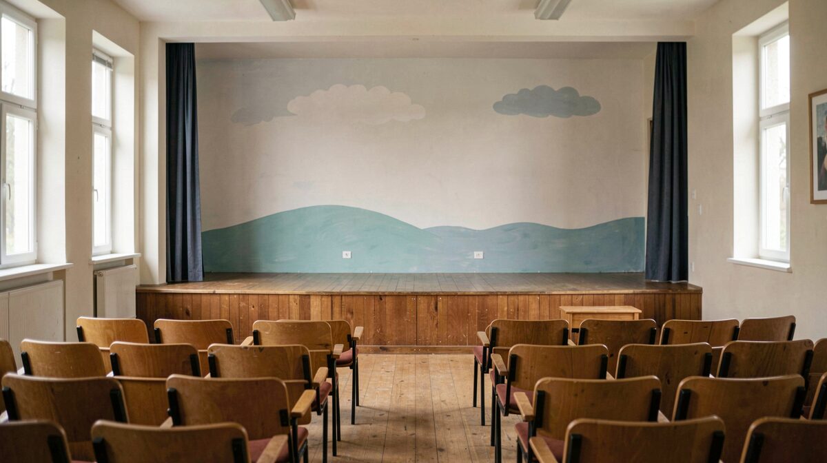 A school auditorium stage with simple painted scenery and empty chairs before a performance, soft daylight from side windows, wide shot.
