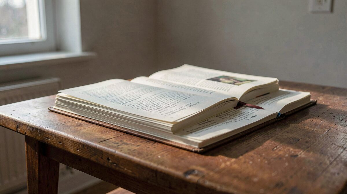 A quiet reading room corner with a low wooden table, a stack of open notebooks on Reiki lineages, and morning light falling across the pages, shot close at eye level.