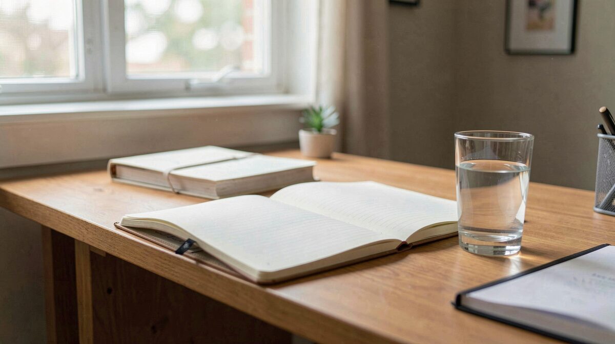 A quiet home office desk at morning with an open notebook, a glass of water, and soft daylight from a side window